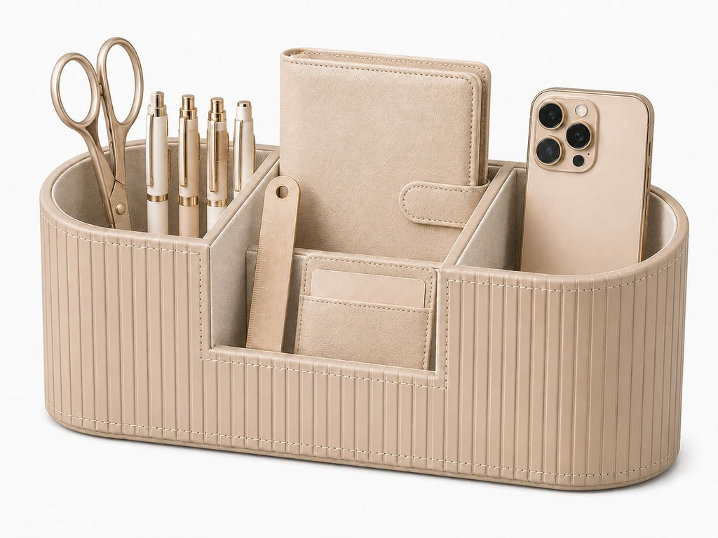 KINGFOM Aesthetic Desk Organizer for Women, Luxury Faux Leather Desk Accessories with 4 Compartments, Minimalist Vanity Organizer for Makeup Brushes, Beige Office Decor for Home, Bedroom & Workspace