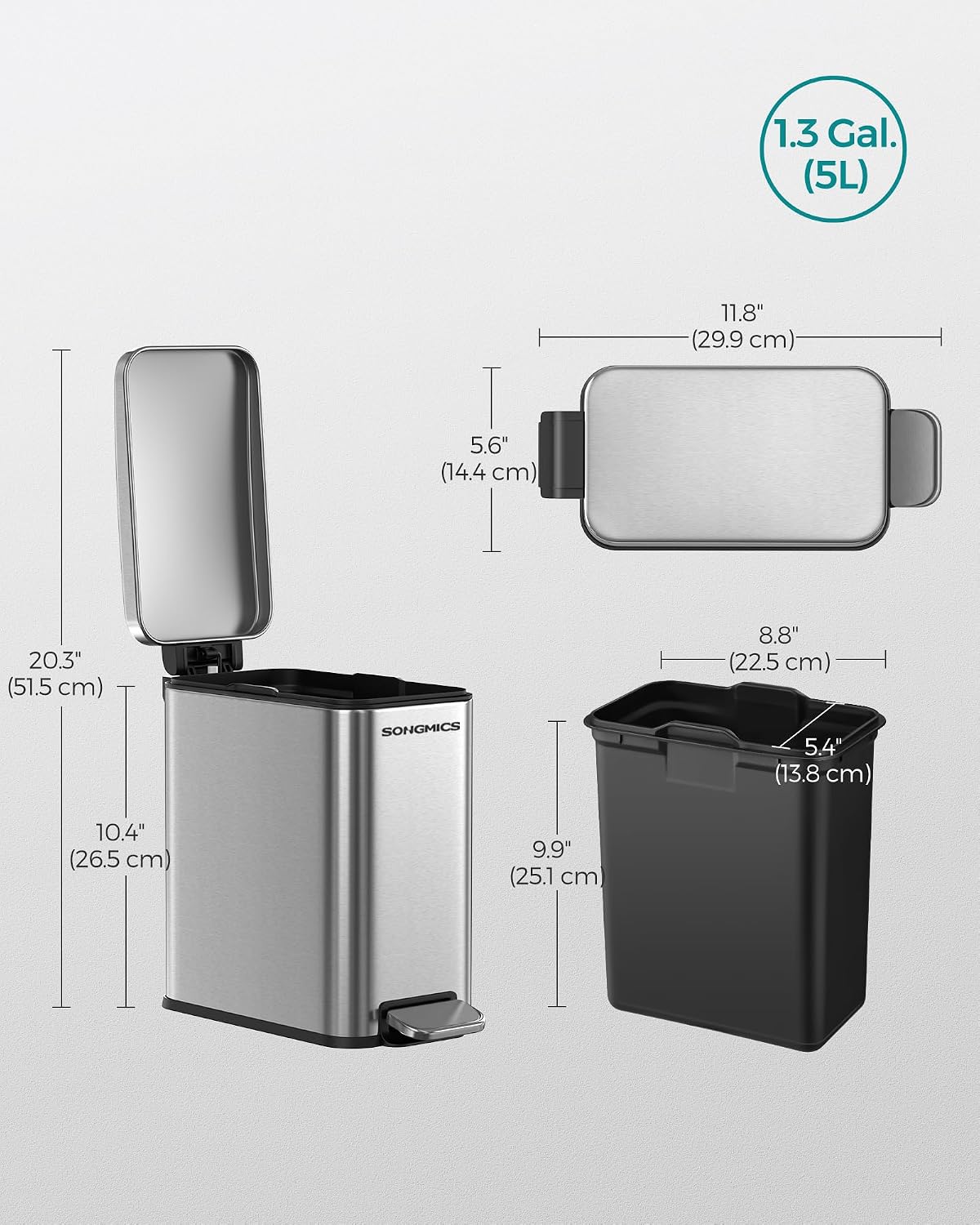SONGMICS Bathroom Trash Can, 1.3 Gallon Stainless Steel Trash Bin with Lid