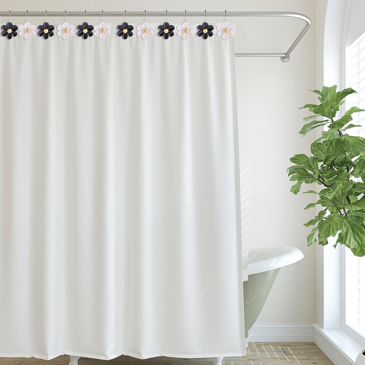 3D Floral Shower Curtain Hooks, 12 Pcs Rust Proof Resin Metal Hooks Shower Curtain Rod Rings, Ideal for Bathroom, Bedroom, Living Room Fun Home Decor (Black and White)