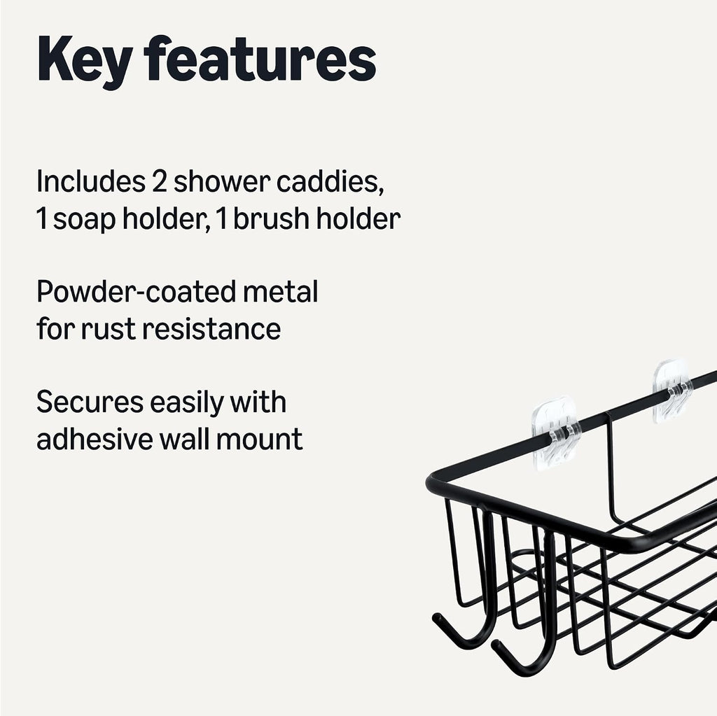 Amazon Basics Shower Shelves Organizer，5-Piece Stainless Steel Caddy Set with Soap Holder and Brush Holder, Adhesive Mount, Black