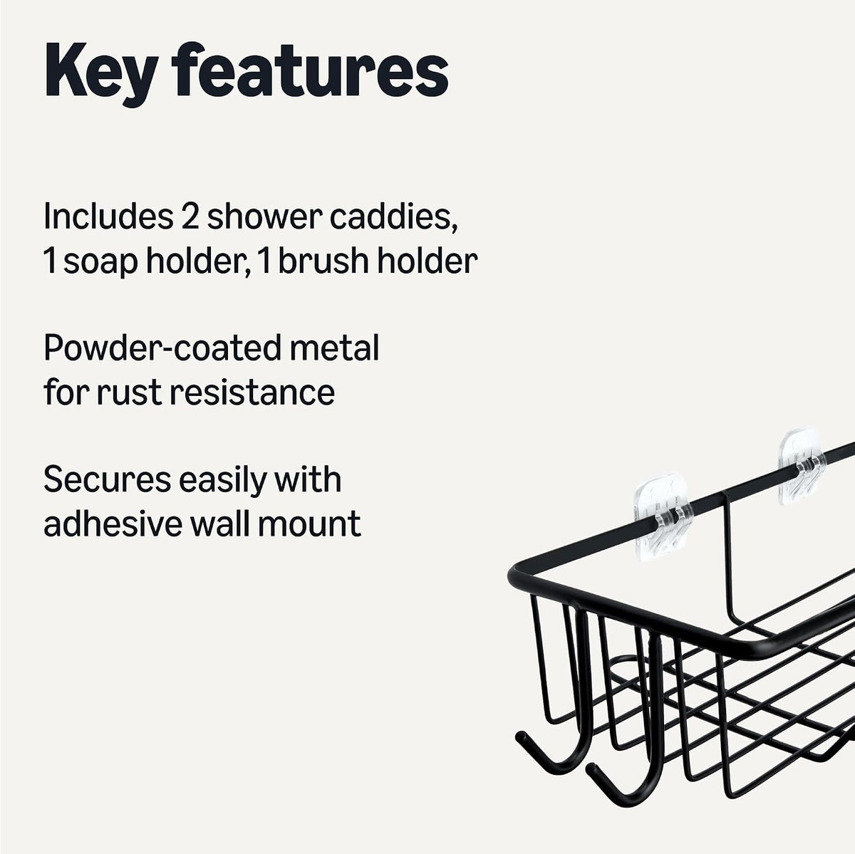 Amazon Basics Shower Shelves Organizer，5-Piece Stainless Steel Caddy Set with Soap Holder and Brush Holder, Adhesive Mount, Black