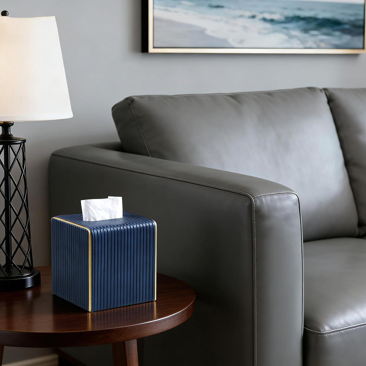 Square Tissue Box Cover, PU Leather Tissue Box Holder Navy Blue