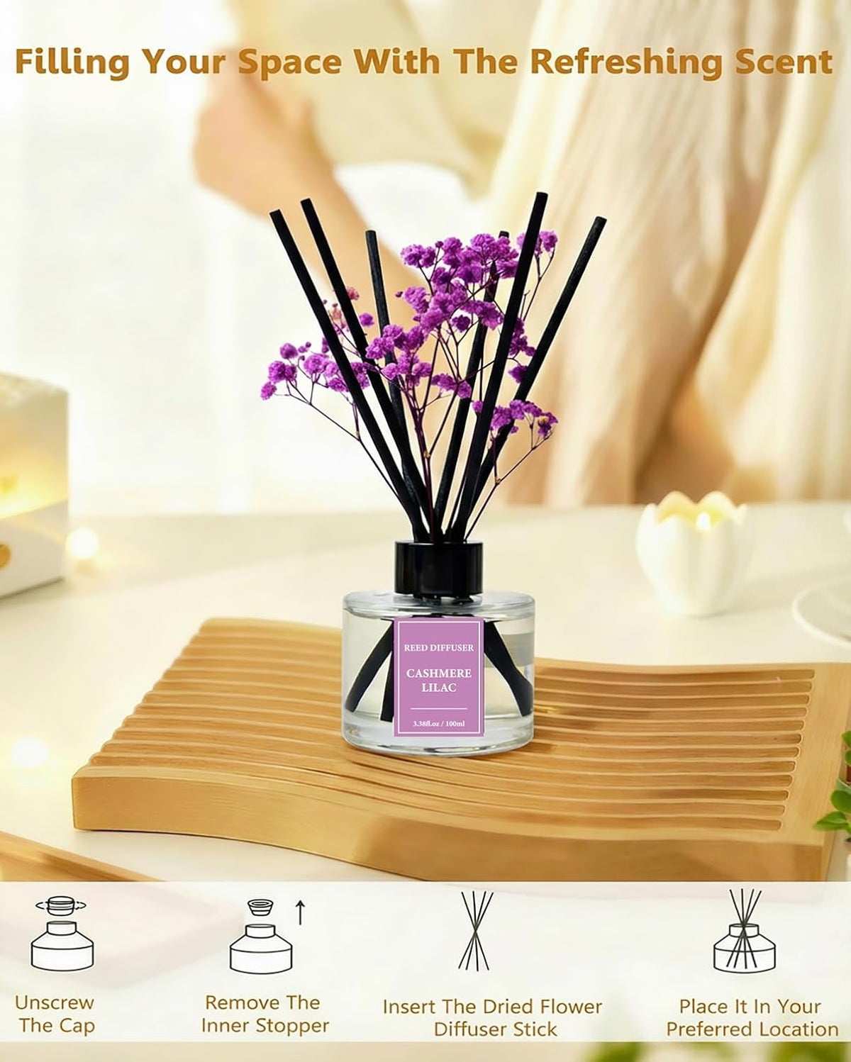 Reed Diffuser Set-Cashmere Lilac Scent 3.38 fl oz,Scent Long
