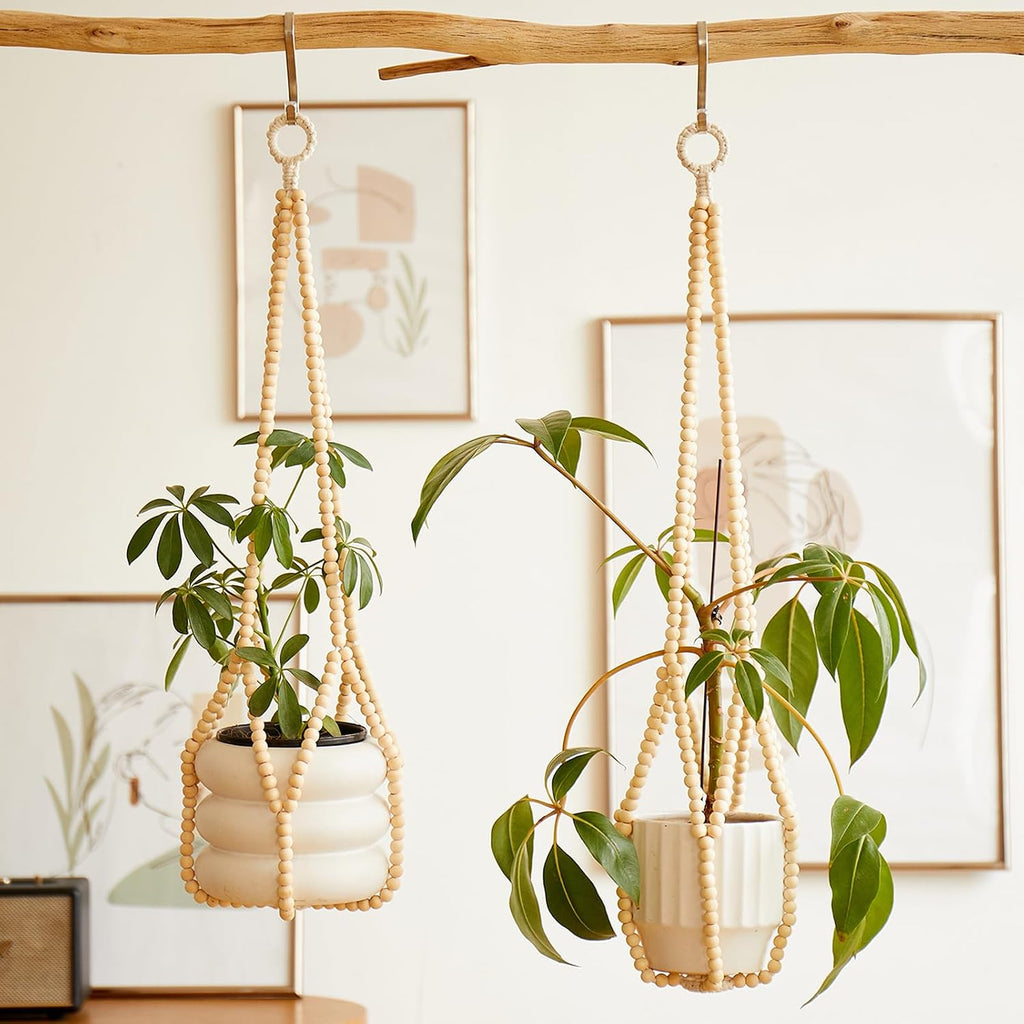 Boho Wood Bead Macrame Plant Hangers, 2Pack Handmade Beaded Hanging Planter Holders for Indoor with 4 Hooks, Fits 4–8 Inch Pots, Hanging Basket for Living Room Bedroom Patio Balcony Home Decor