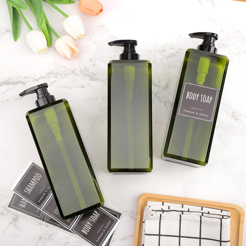 Segbeauty 33.8oz Square Shampoo and Conditioner Dispenser, 3pcs Large Capacity Plastic Soap Dispenser Bathroom, Green 1000ml Empty Lotion Pump Bottle Soap Hand Wash Bottles with Waterproof Labels