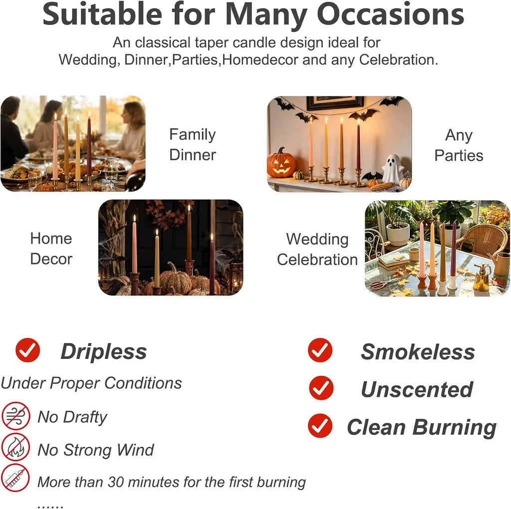 10 Inch Taper Candles, 8 Pack Earth Colors Candlesticks, Unscented Driples 6-8 Hours Burn Candles for Thanksgiving and Fall Decor