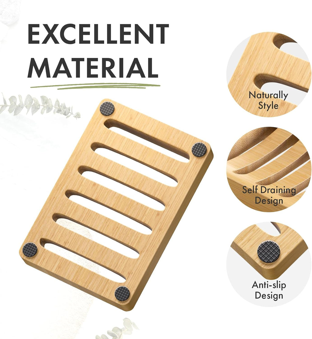 AmazerBath Soap Holder Soap Dish, Bamboo Soap Dish, 2 Pack Wood Bar Soap Holder for Shower, Trays Self Draining, Soap Saver for Shower, Bathroom, Kitchen(Natural Color)