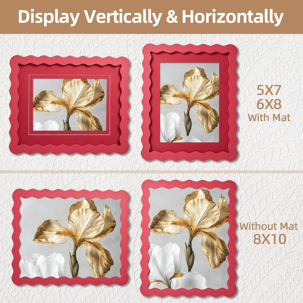 SNAPSHOT 8x10 Picture Frame with Mat for 5x7/6x8, Wooden Photo Frames with Real Glass for Wall Mount and Tabletop, Wavy Edge Red, 1 Pack