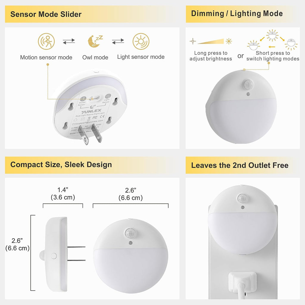 YUNLEX Motion Sensor Night Lights Plug into Wall, Dimmable 1-15lm, 2 Pack