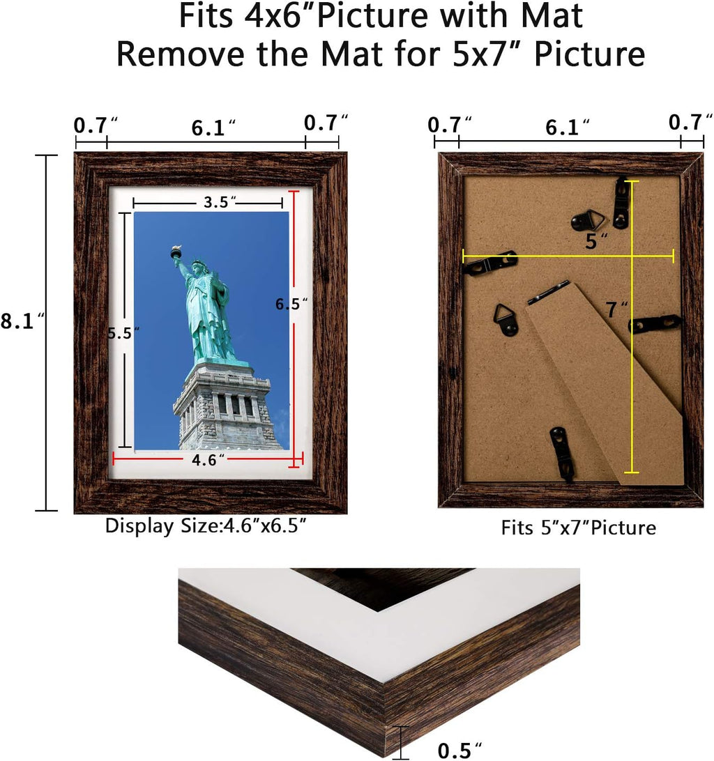 BAIJIALI 5x7 Picture Frame Rustic Brown Wood Pattern Set of 4 with Tempered Glass,Display Photos 4x6 with Mat or 5x7 Without Mat, Horizontal and Vertical Formats for Wall and Table Mounting