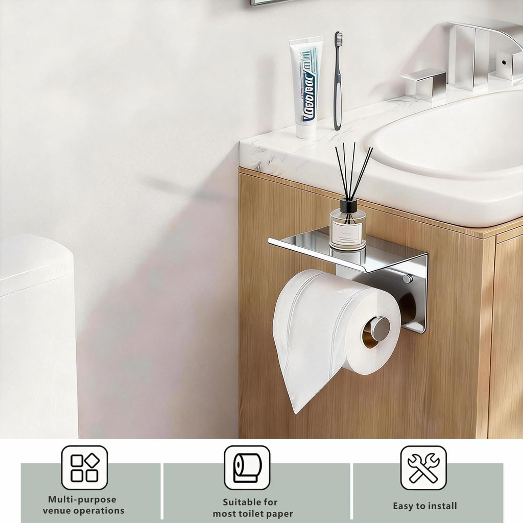 Toilet Paper Holder with Shelf, Heavy-Duty Stainless Steel Bathroom Hardware, Self-Adhesive No-Drill/Drill-Mount Wall-Mounted Roll Holder, Rust-Proof Bathroom Tissue Rack (Chrome)