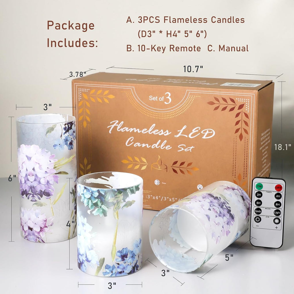 Hydrangea Flameless Candles with Remote Blinks Glass Real Wax LED Candles - Home Party Wedding Romantic Love Theme Summer Holiday Decor - Set of 3