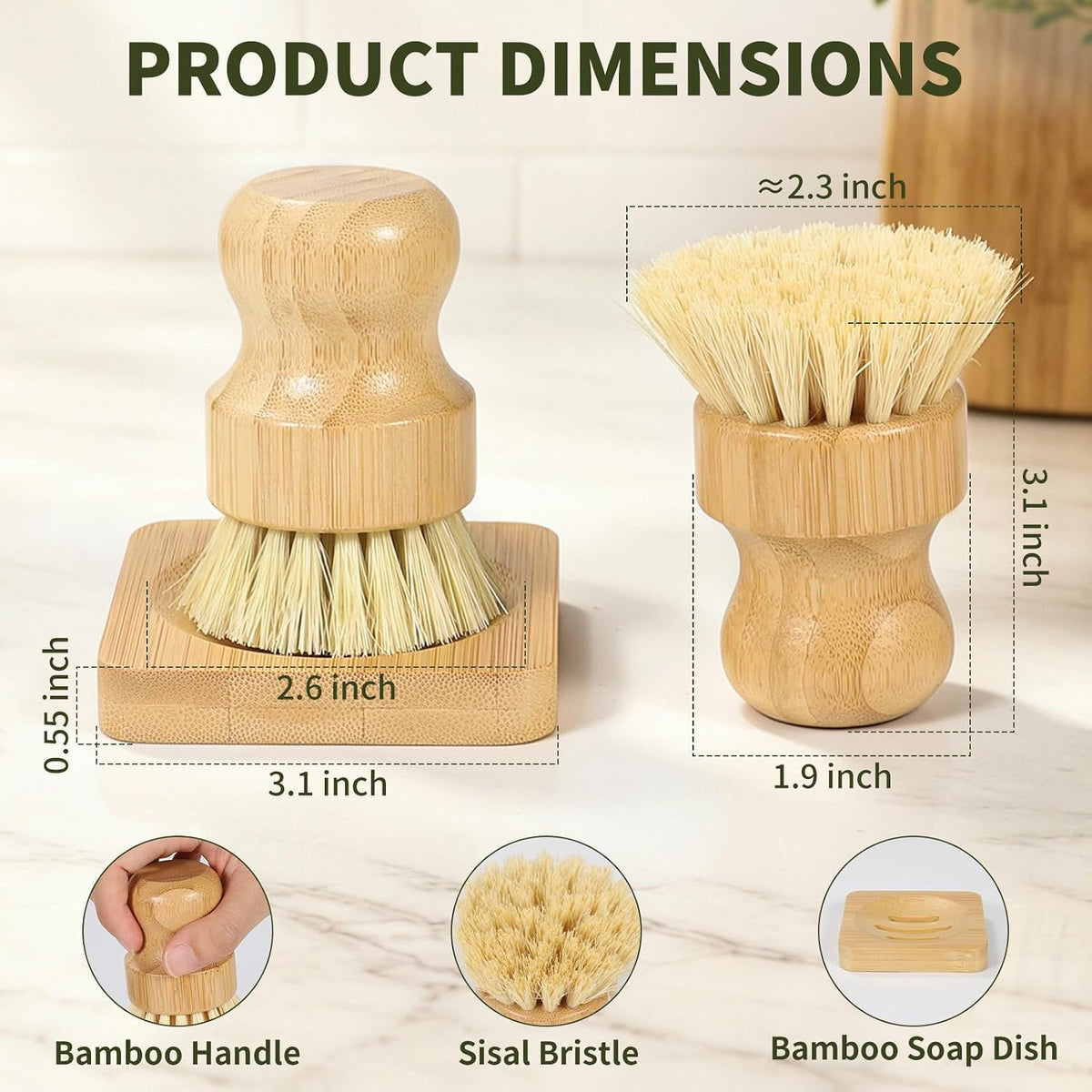 Bamboo Dish Brush Set - 3 Pcs Natural Scrub Brush with Holder, Wooden Dish Scrubber with Sisal Bristle for Cleaning Dishes, Pans and Vegetables