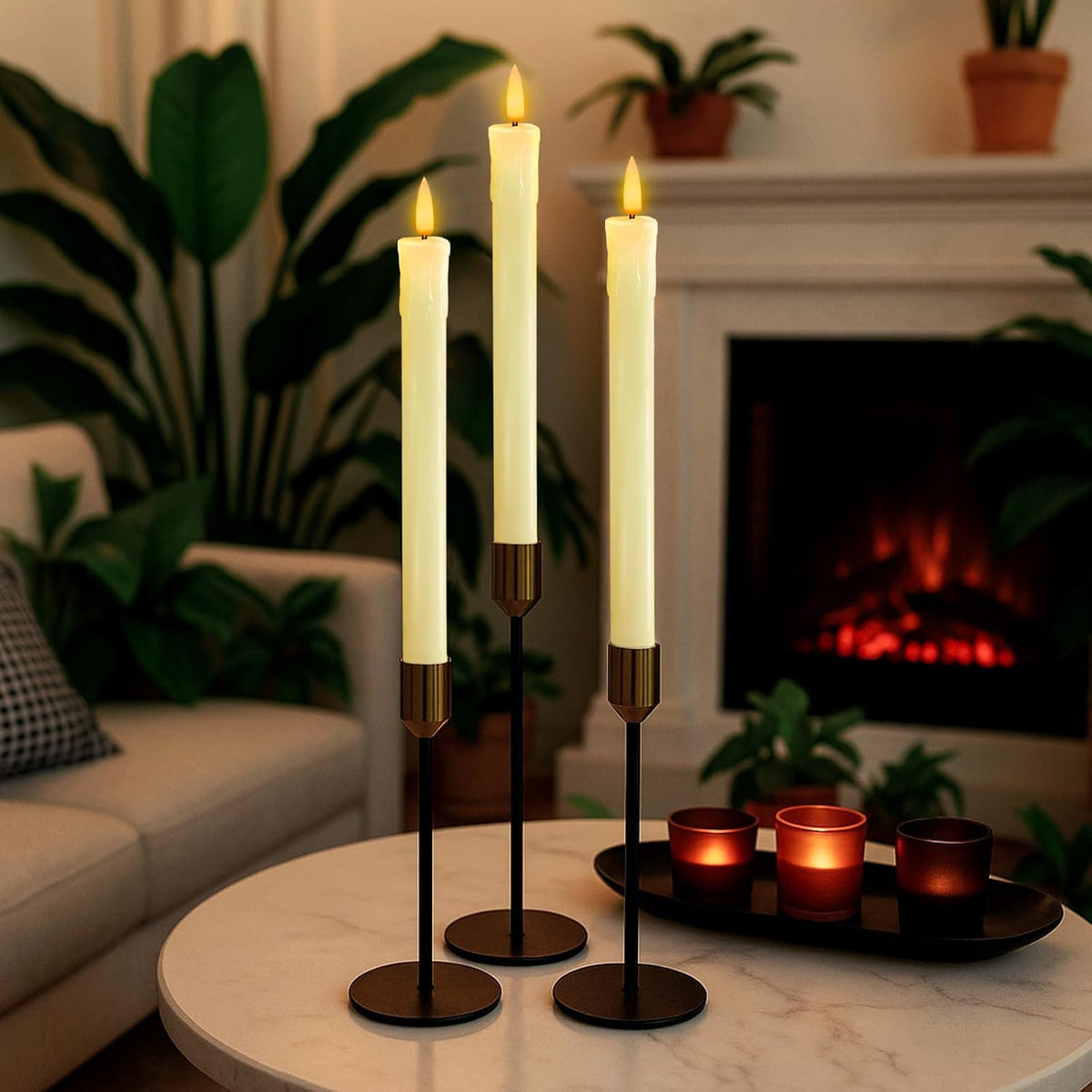 Homemory 9.6 Inches Waxy Flameless Taper Candles with Remote Timer Dimmer, Flickering LED Candlesticks, Battery Operated Window Candle for Christmas Wedding Decor, 6 Pcs Ivory Drip Taper Candles