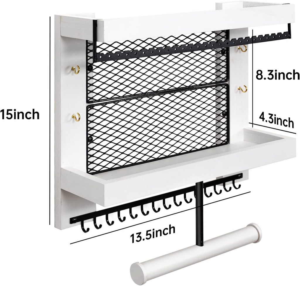 Pinzoveco Hanging Jewelry Organizer Wall Mounted With Wall Jewelry Organizer Holder For Necklaces Bracelet Earrings Ring (White)