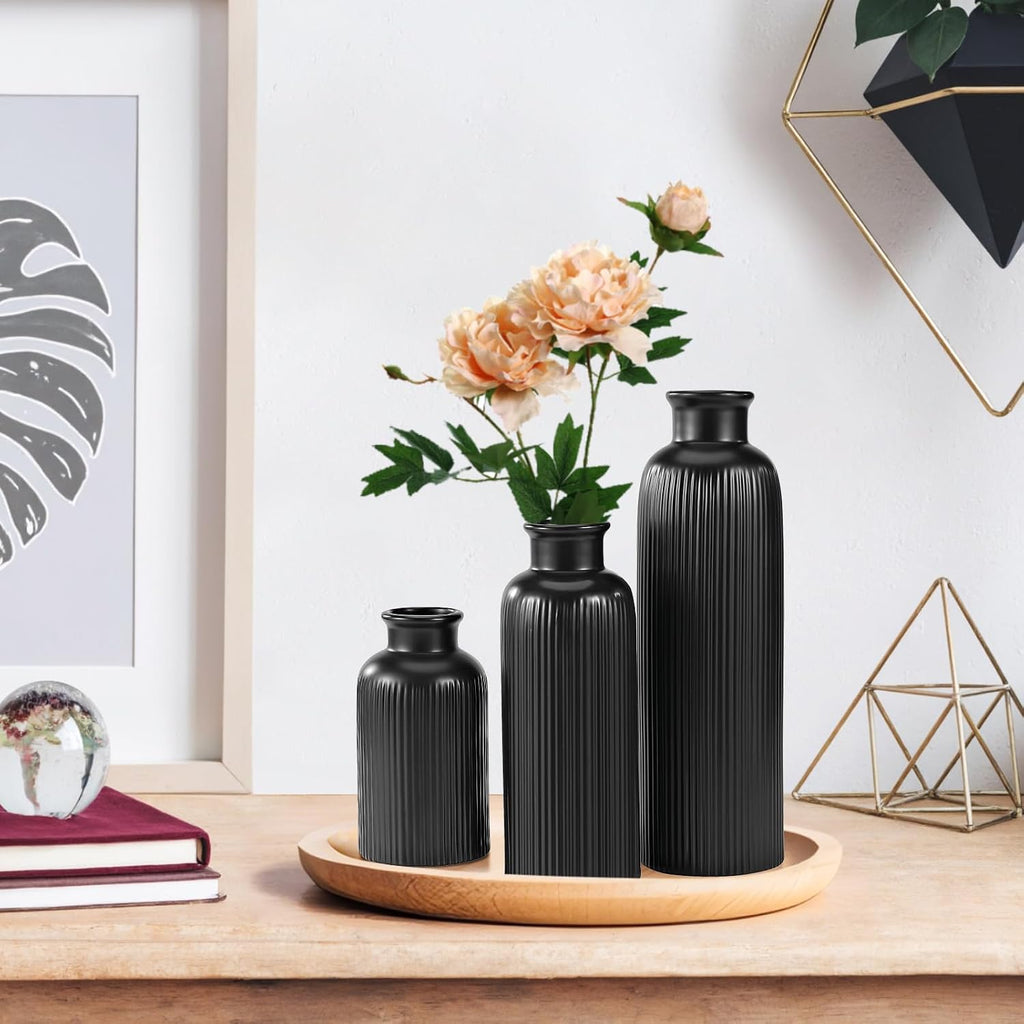 Small Black Ceramic Vase Set of 3, Boho Modern Black Flower Vase Room Decor, Farmhouse Decor, Vases for Your Kitchen, Bathroom, Bedroom, Living Room, Office&Shelf Centerpiece Table Decorations