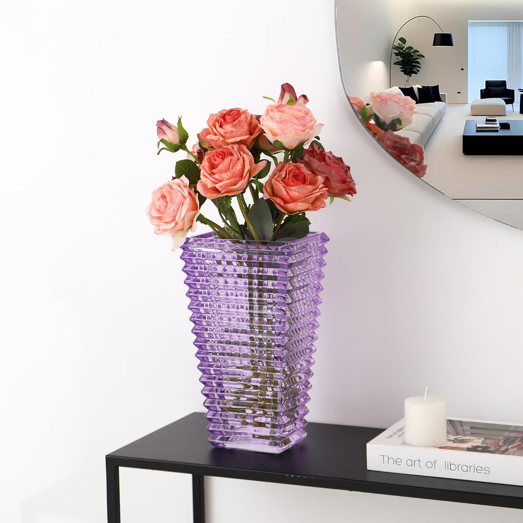 Crystal Glass Vase, Large Crystal Vases for Flowers, Large Flower Vase, Purple Modern Vases for Living Room, Bedroom, Kitchen, Dining Table, Mantle, Wedding, 11 Inches