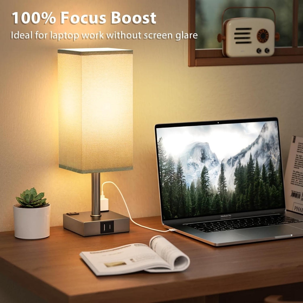 Grey Touch Lamps Set of 2 for Bedroom - Dimmable, USB C+A, 2 AC Outlets