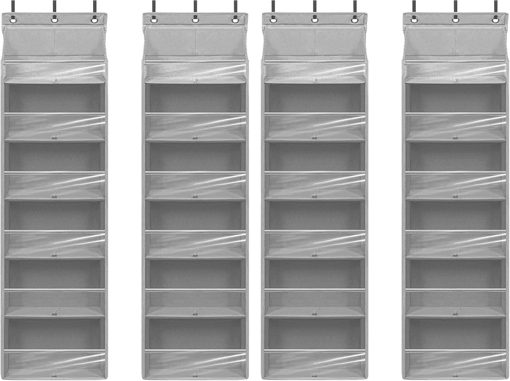 Over Door Organizer with 6 Extra Large Pockets 12 Side Pockets, Sturdy Closet Storage Rack, Hanging Storage Organizer with Clear Window for Shoes, Diaper, Bedroom, Bathroom, Grey, 4-Pack