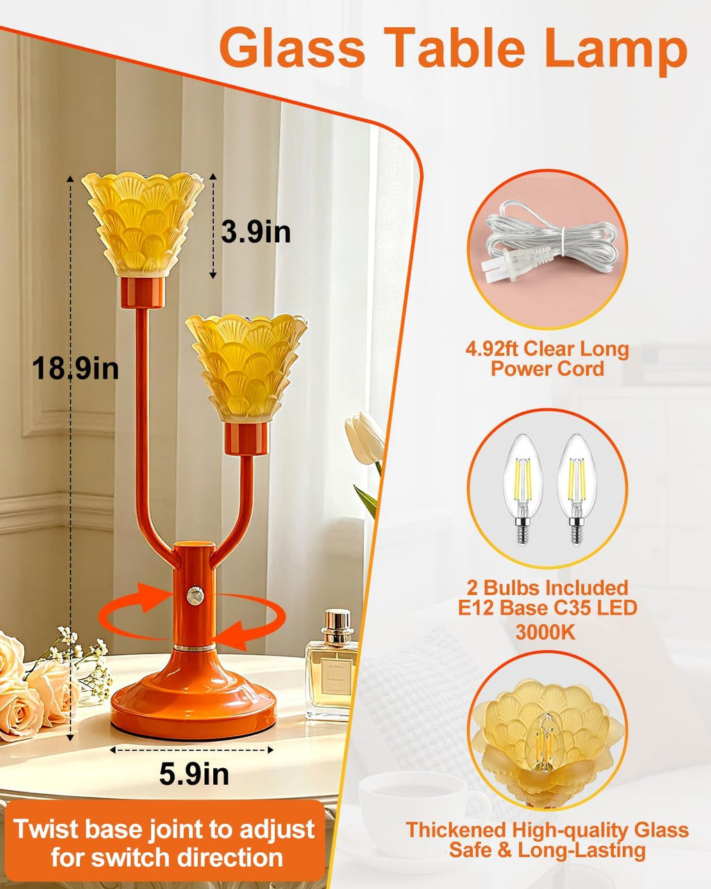 Lightdot Mid Century Modern Table Lamp Orange Vintage Lamp Gift Dimmable