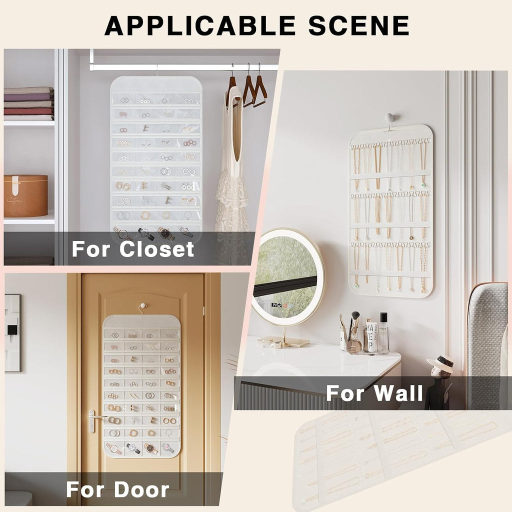 Double-Sided Hanging Jewelry Organizer for Necklaces Earrings, 2-Pack White
