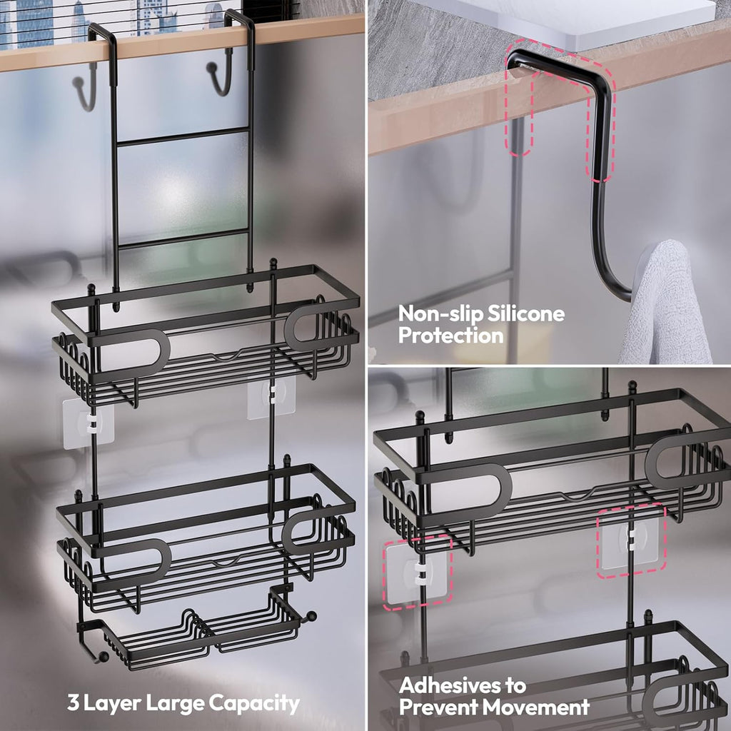 SWTYMIKI Over the Door Shower Caddy Hanging with Double Soap Holder, Hanging Shower Organizer with 16 Hooks, No Drilling Shower Shelves Over Door, Bathroom Rack and Storage, Black