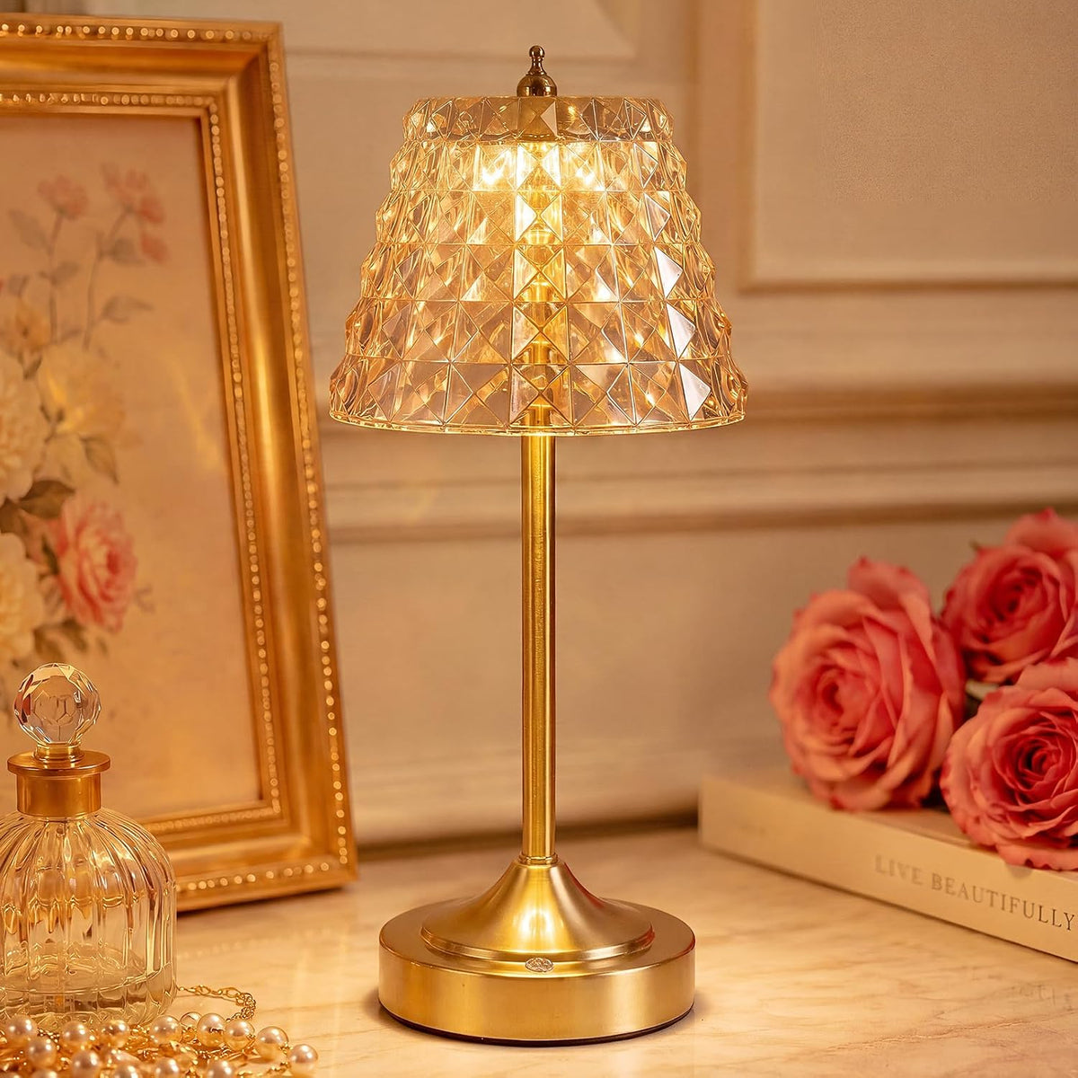 Flower Battery Operated Rechargeable Lamp Cordless, Rhombic, Amber