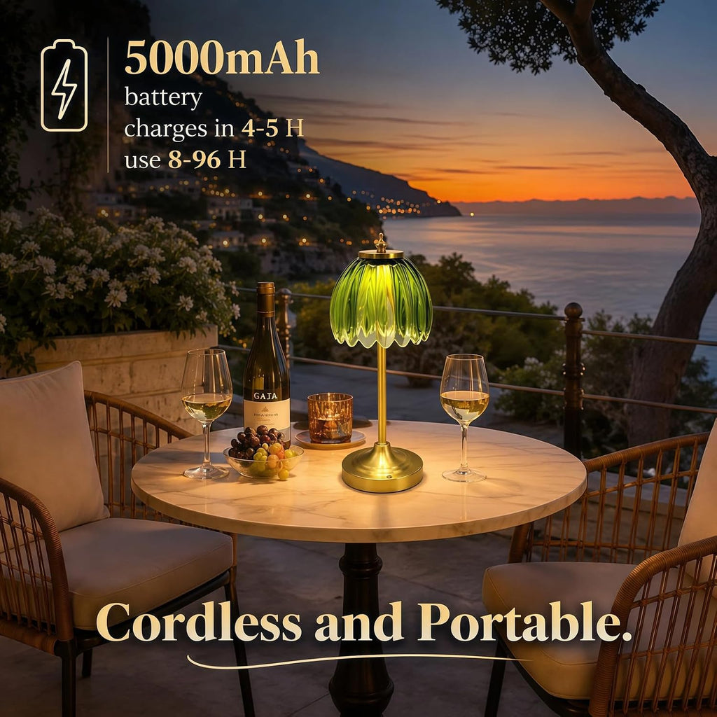 Glass Tulip Rechargeable Table Lamp, Cordless Flower Table Light -Green