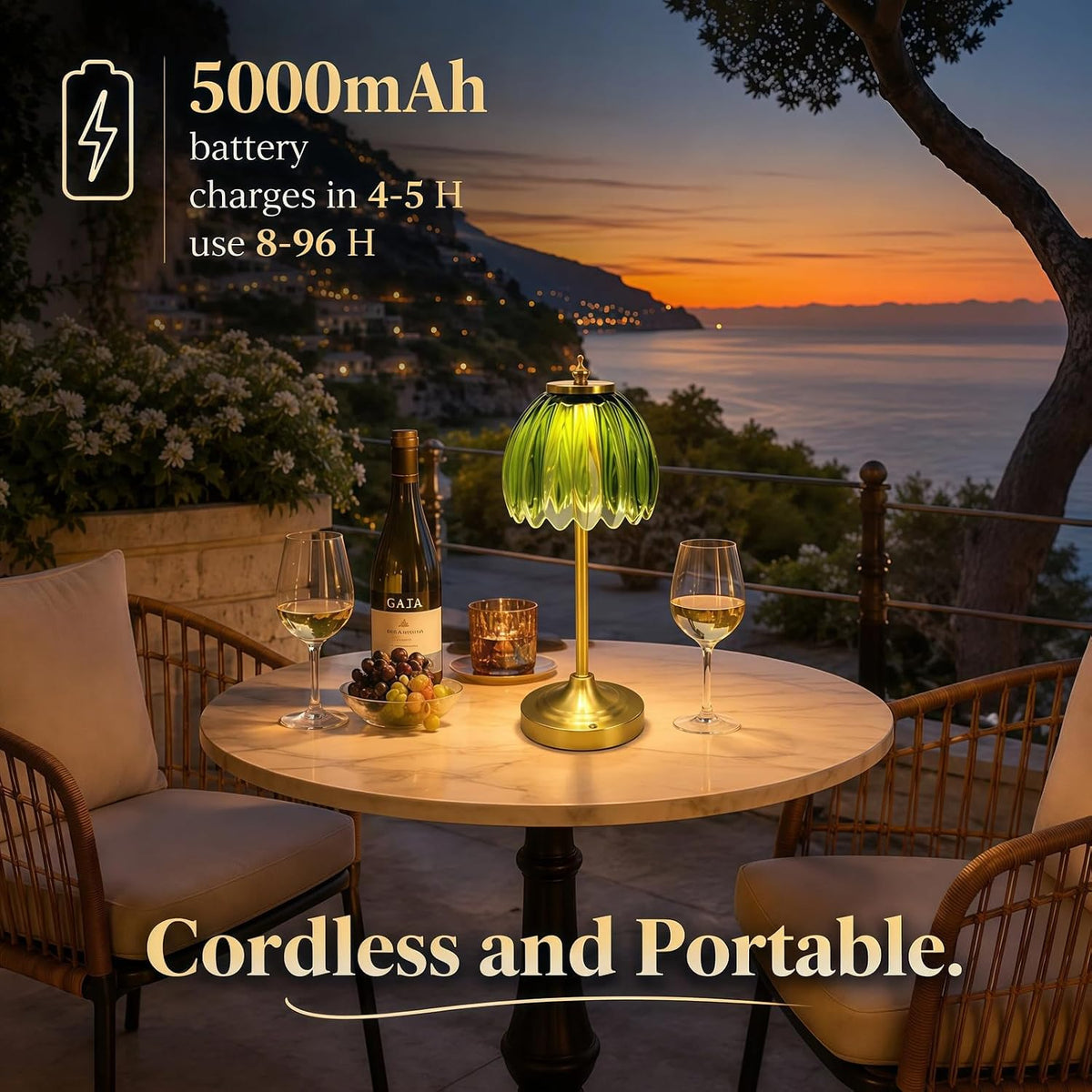 Glass Tulip Rechargeable Table Lamp, Cordless Flower Table Light -Green