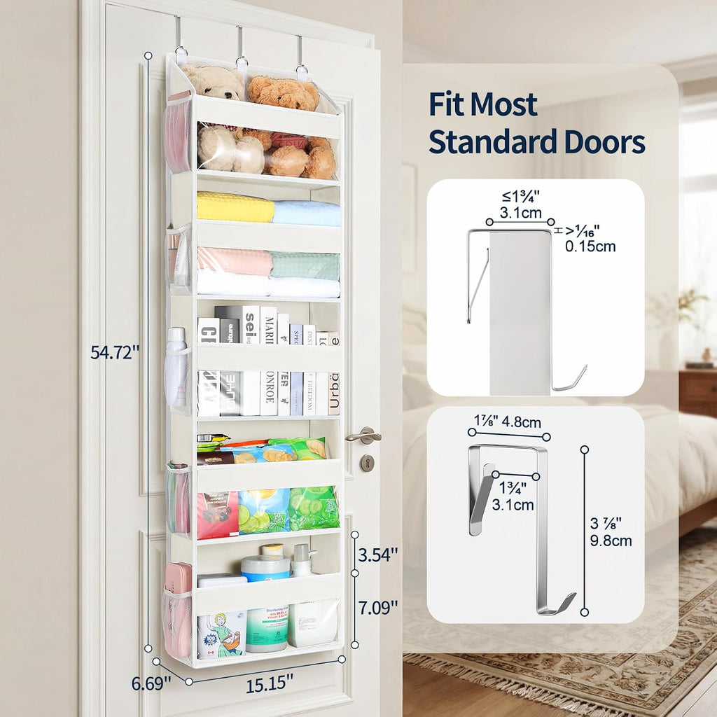 Yecaye 5 Tier Clear Over the Door Organizer Hanging, 5 Large Plastic Pockets and 10 Side Pockets Back of Door Organizer, 56lbs Weight Capacity Behind the Door Storage for Nursery, Ivory White