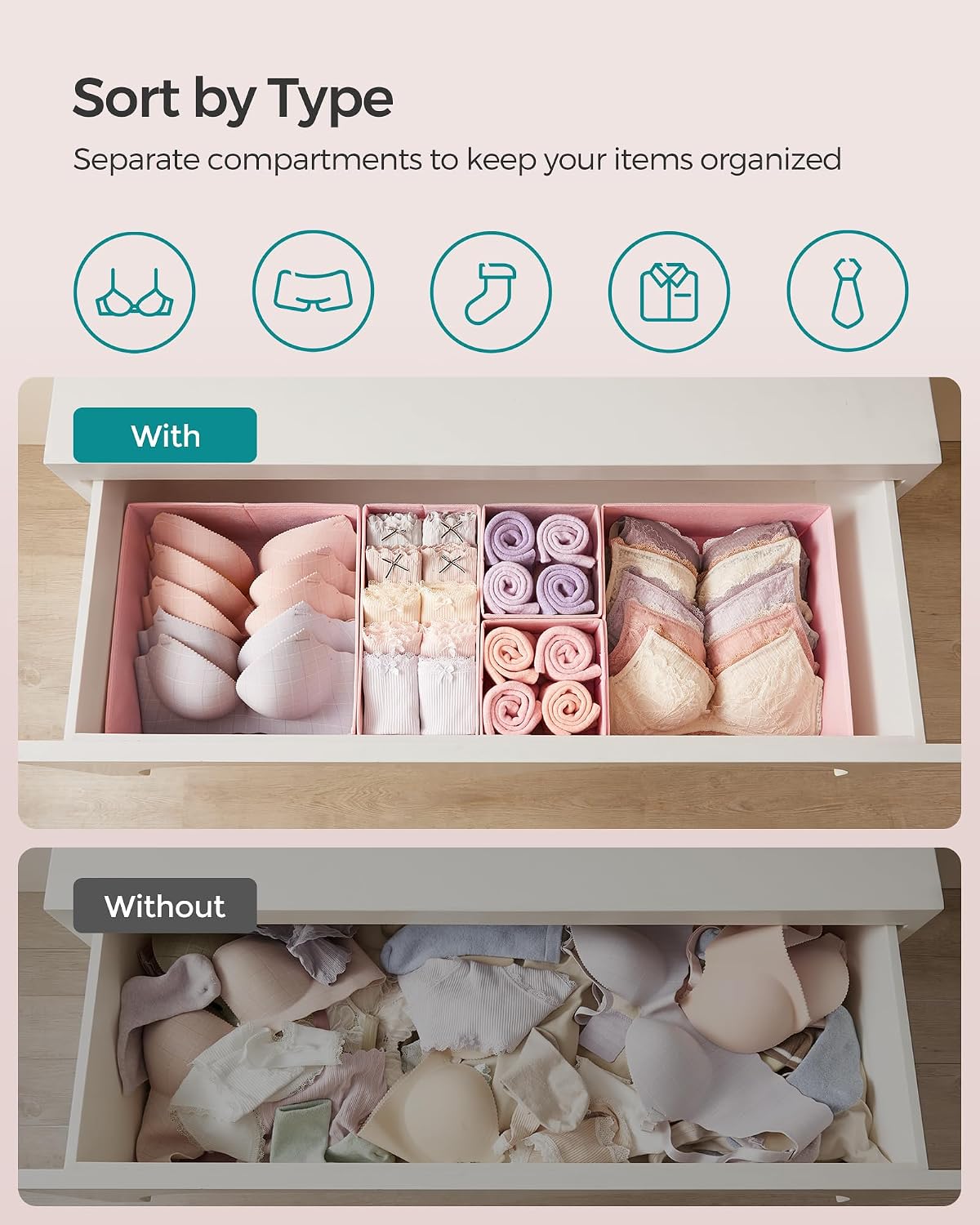 SONGMICS Drawer Organizers, Set of 12, Foldable Fabric Storage Boxes