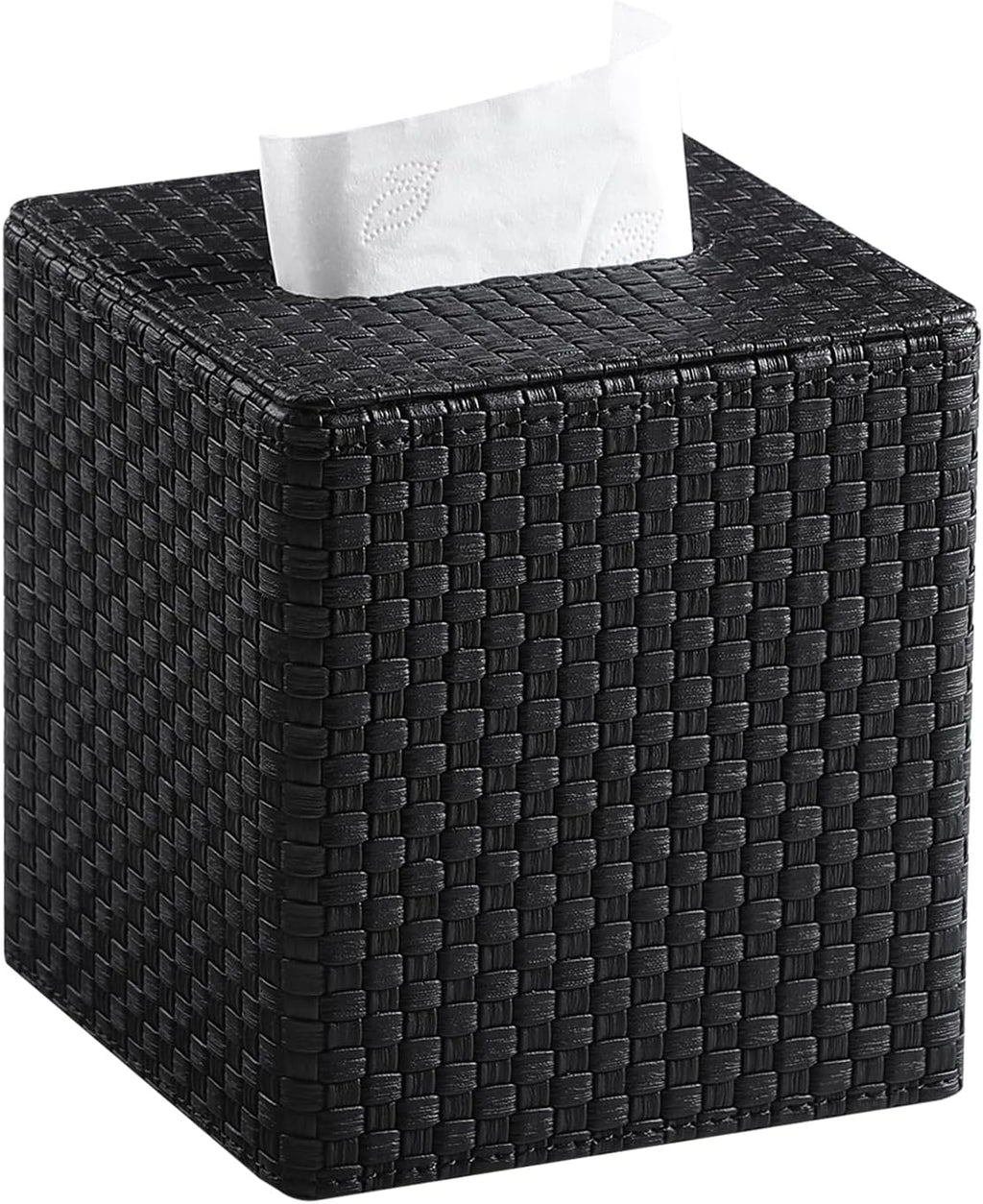 Square Tissue Box Cover, Stylish Leather Tissue Box Holder with Magnetic Bottom, Used As A Decorative Tissue Holder for Living Rooms, Bedrooms, and Desks(Black Woven Pattern)