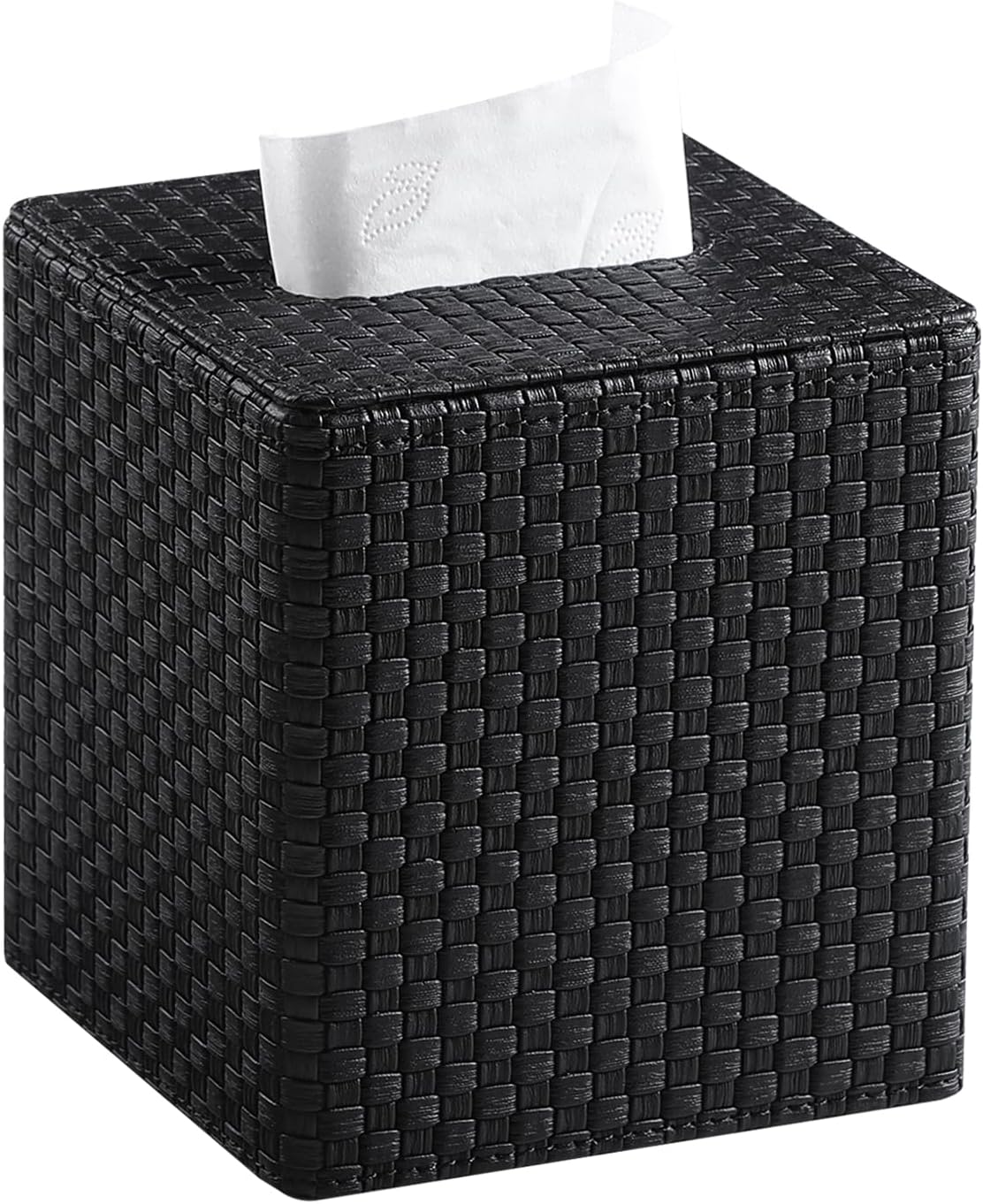 Square Tissue Box Cover, Stylish Leather Tissue Box Holder with Magnetic Bottom, Used As A Decorative Tissue Holder for Living Rooms, Bedrooms, and Desks(Black Woven Pattern)