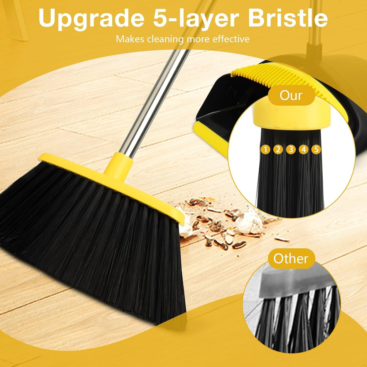 Broom and Dustpan Set,Long Handle,Black Yellow