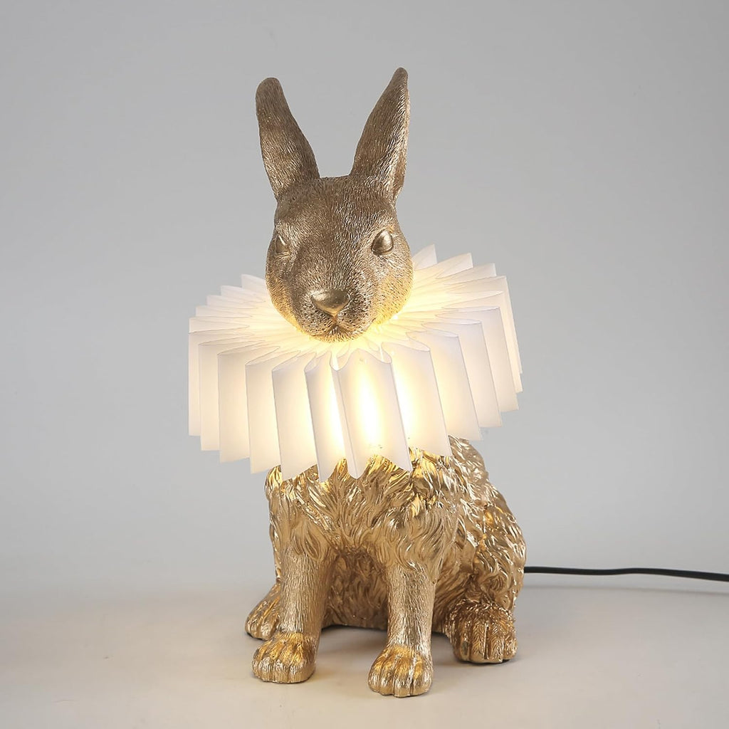 Gold Scarf Bunny Lamp,Resin Crafted Sitting Rabbit Table Lamp,White Pleated PC Lampshade,USB Powered LED Nightstand Lamp,Cute Home Decor & Kids Bedroom Nursery Light