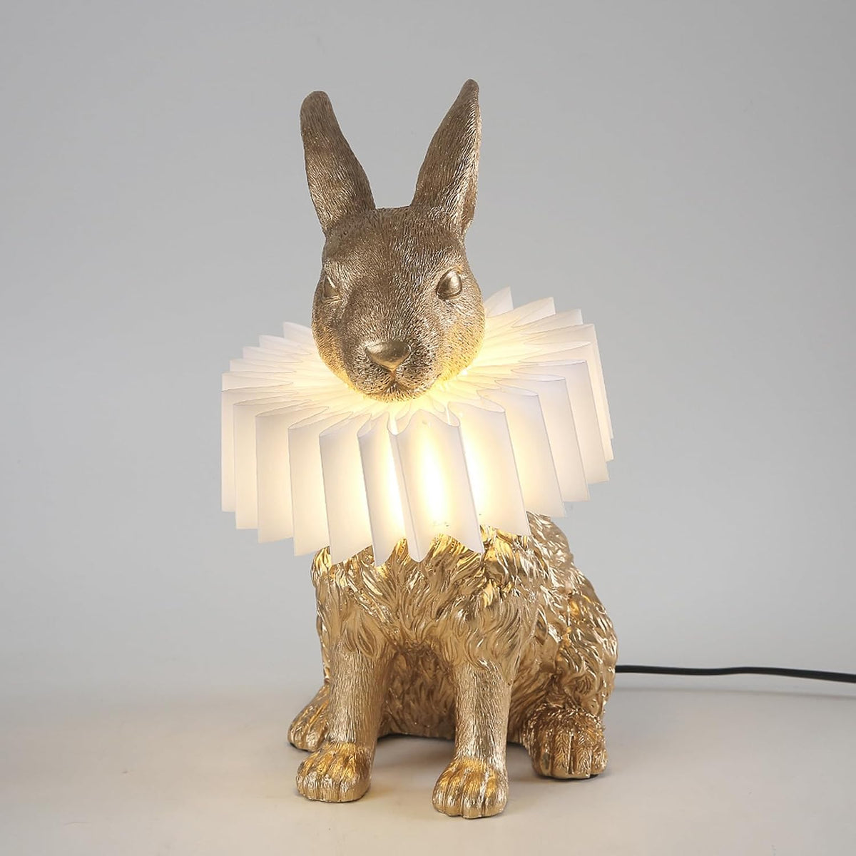 Gold Scarf Bunny Lamp,Resin Crafted Sitting Rabbit Table Lamp,White Pleated PC Lampshade,USB Powered LED Nightstand Lamp,Cute Home Decor & Kids Bedroom Nursery Light