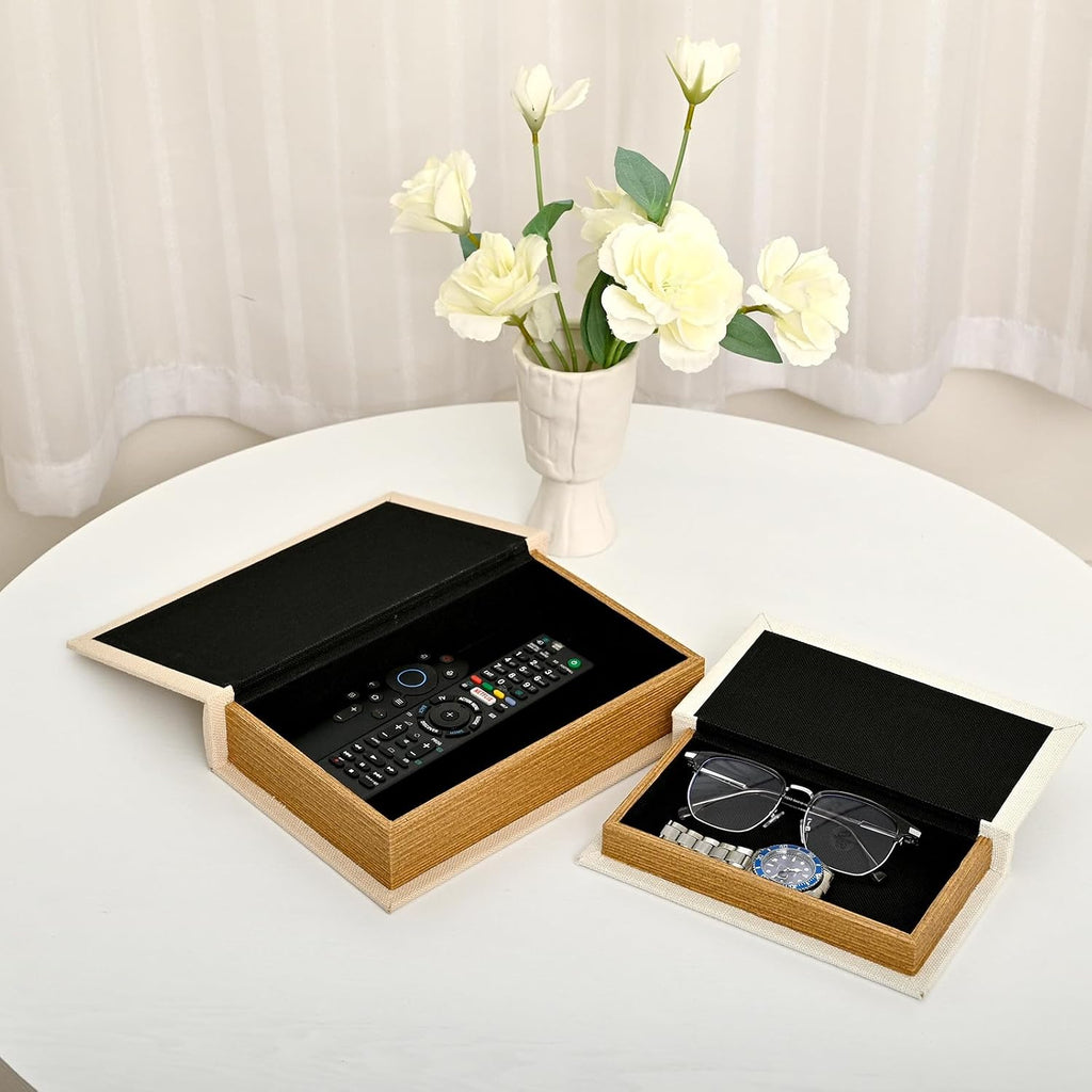 Decorative Faux Book Storage Boxes Set of 2, Linen Fabric Textured Books
