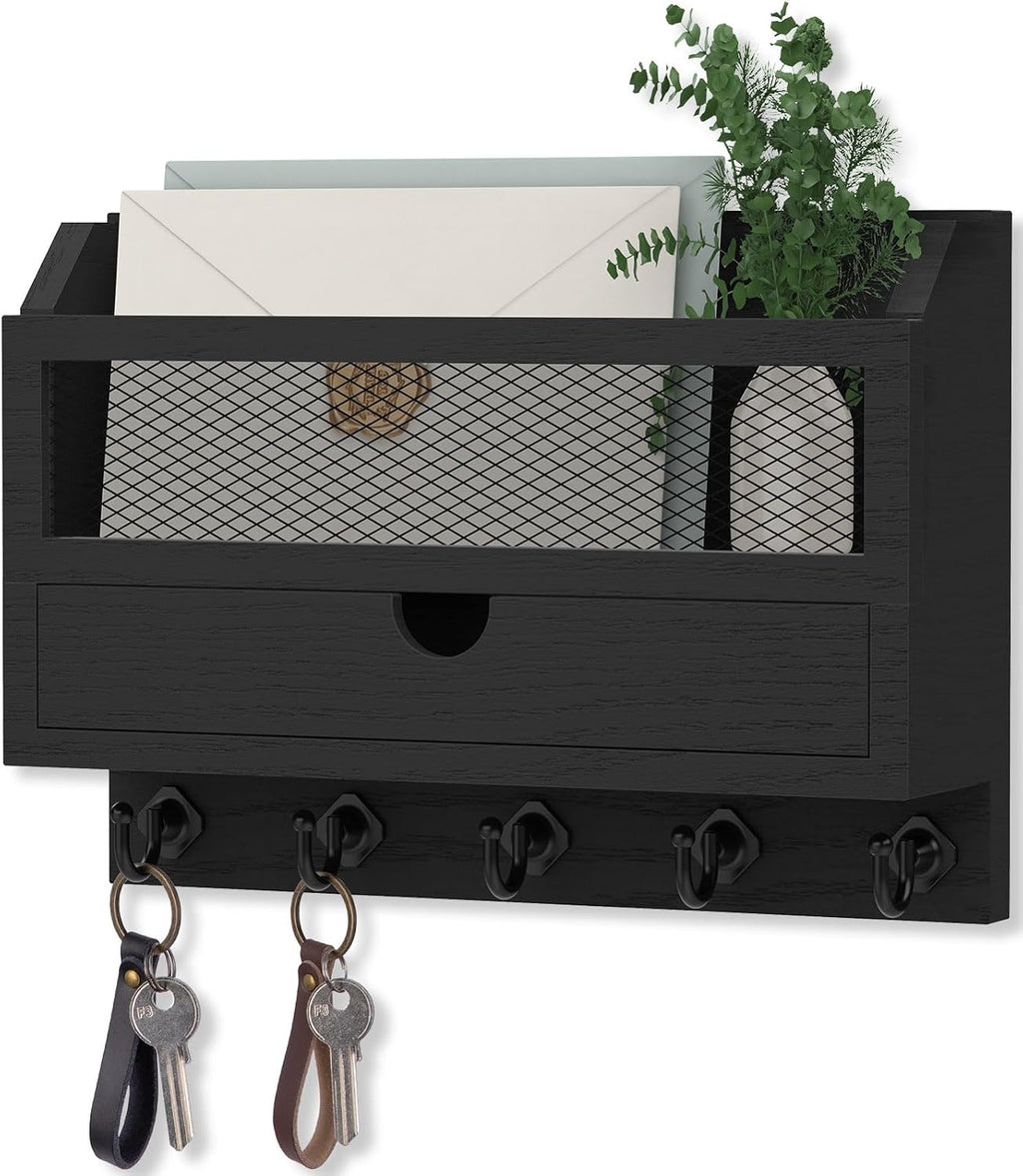Nekon Key and Mail Holder for Wall, Key Organizer with Drawer, Black