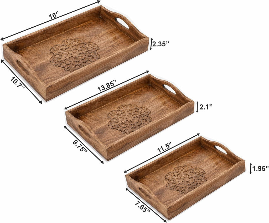 Ajuny Wooden Serving Trays Set of 3 with Handles, Hand Carved Flower Design