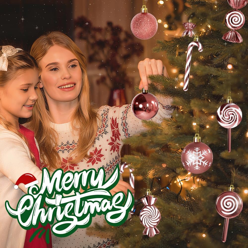 36 Pcs Christmas Ornaments, MOYEE Shatterproof Plastic Christmas Ornaments for Tree - Candy Cane Christmas Decorations Candies Christmas Ball Ornaments (Rose Gold)