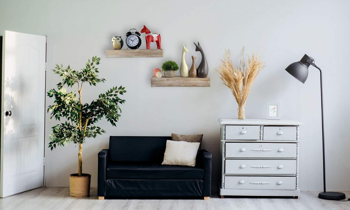 Wall-Mounted Floating Shelves - Set of 2, Solid Wood Rustic Grey, 16.5” W x 6” D x 2.5” H - Rustic Decorative Storage for Photos, Plants, Trophies & Books - Hardware Included