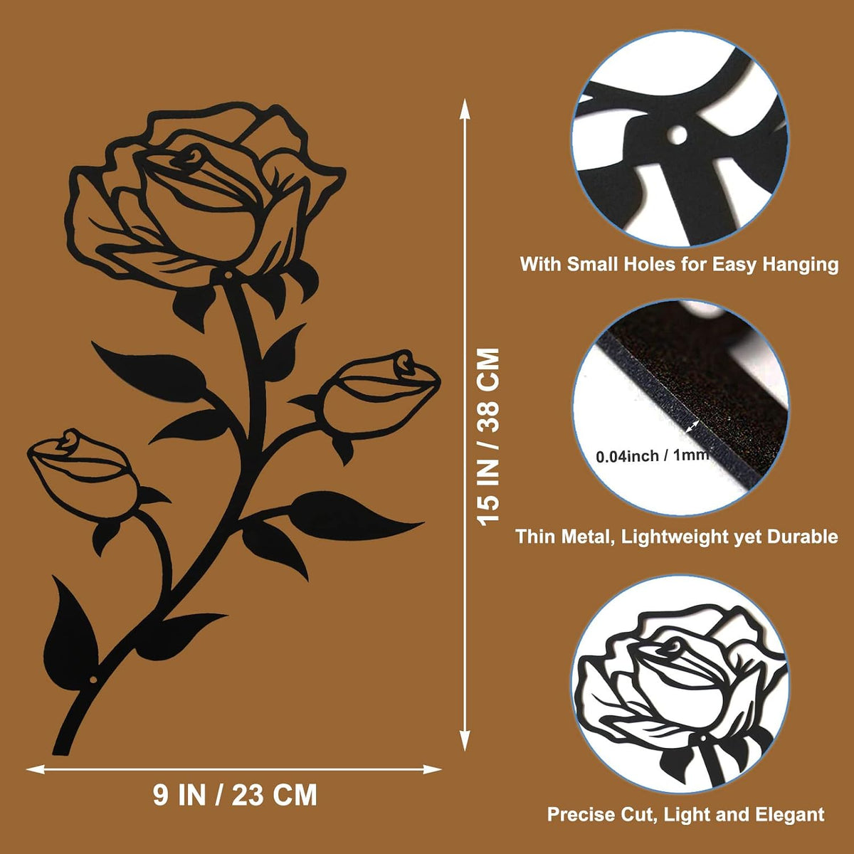 ESTART Large Rose Flower Wall Decor, 15“H Black Rose Flower Metal Wall Art