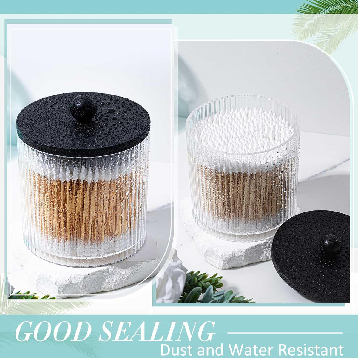6 Pcs Plastic Holder Dispenser Bathroom Jars Bamboo Lids 18 oz, Black