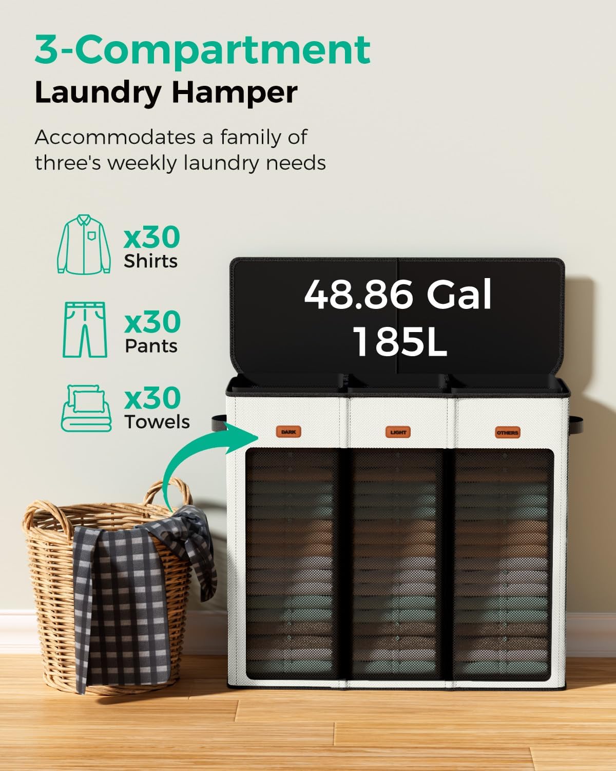 185L Laundry Hamper 3 Section with Lid & Removable Bags | Collapsible laundry basket organizer for laundry room, bedroom & dorm with 3 removable washing bags