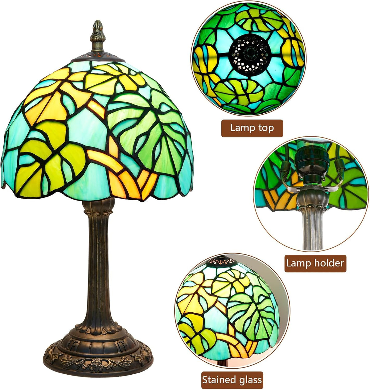 Tiffany Lamp Monstera Deliciosa Stained Glass Table Lamp Handmade Green Monstera Swiss Cheese Plant Bedside Desk Light Unique Cute Accent Nightstand Light for Home Office Dormitory Bar Decorate