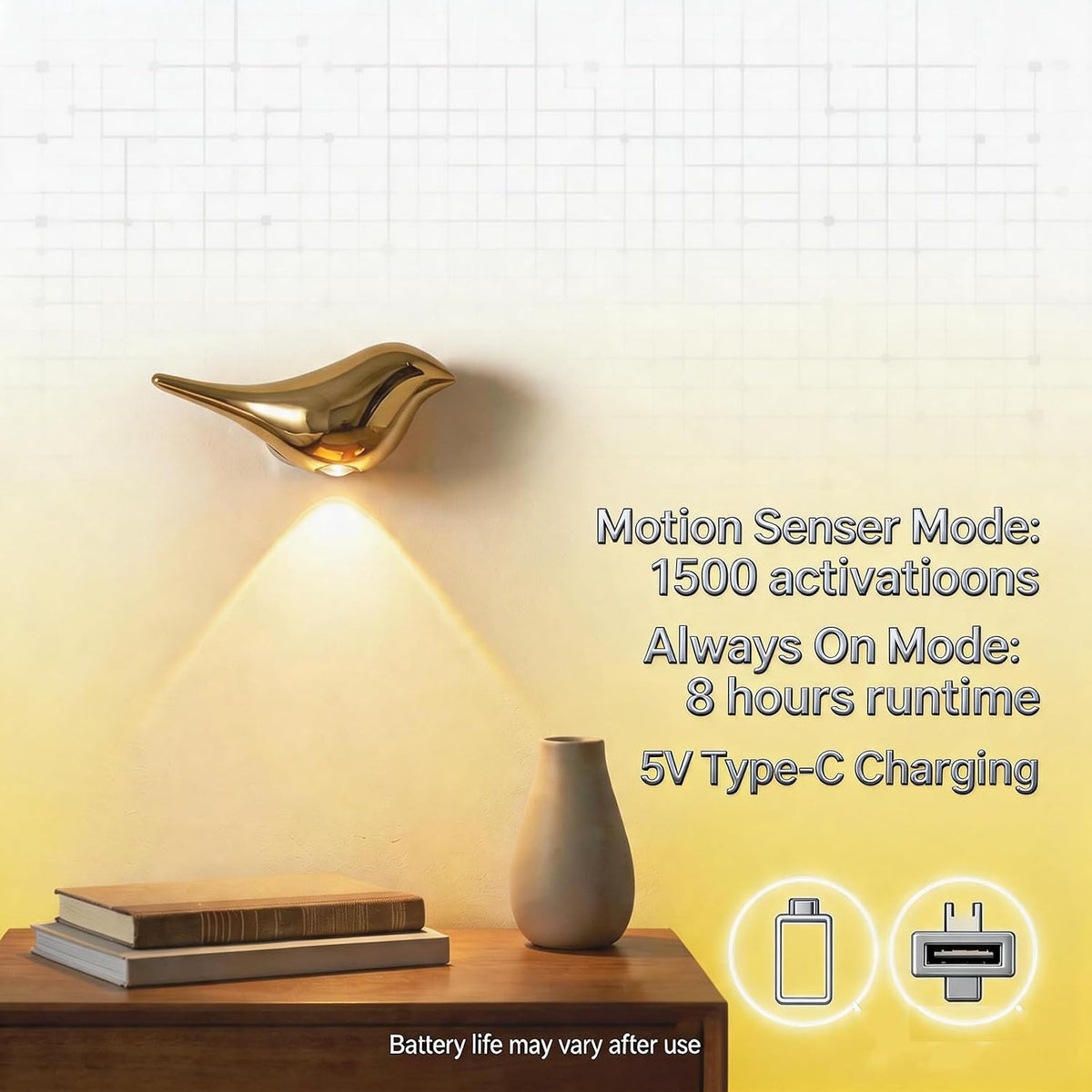 GDQ 2‑Pack Gold Bird‑Shaped Motion Sensor LED Rechargeable Wall Night Light