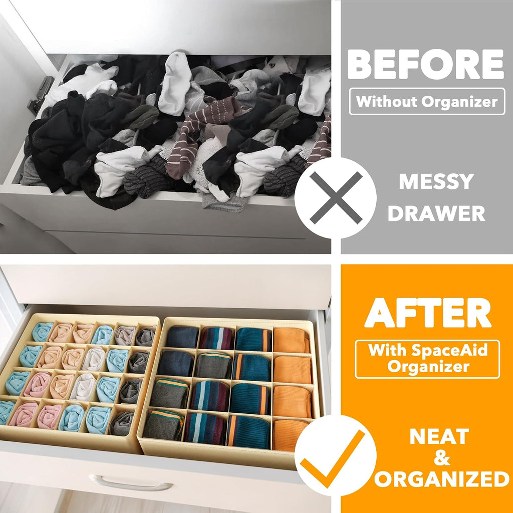 SpaceAid Sock Drawer Organizer Divider 3 Pack, 64 Cell Dresser Closet Nursery Underwear Organizers Storage Bins for Organizing Socks Underwear Ties Belts (Beige)