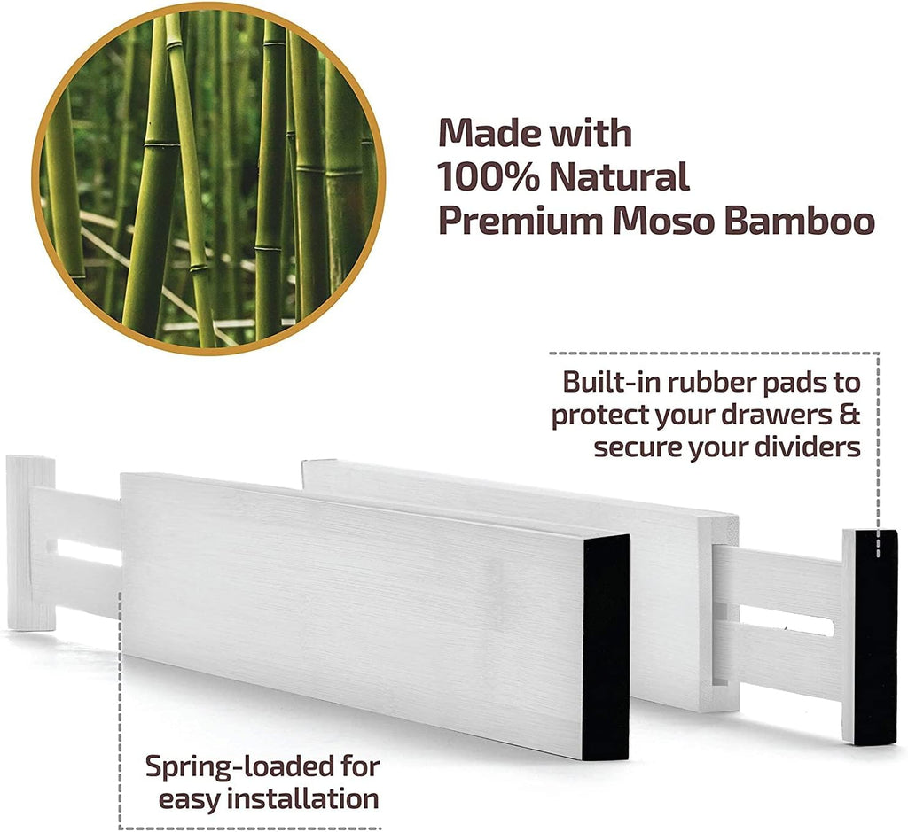 4-Pack Drawer Divider - 2.6" High, 16" to 22" Adjustable Bamboo Drawer Organizers for Clothes, Expandable Dresser Separators in Bedroom/Bathroom/Kitchen/Office Organization and Storage (White)