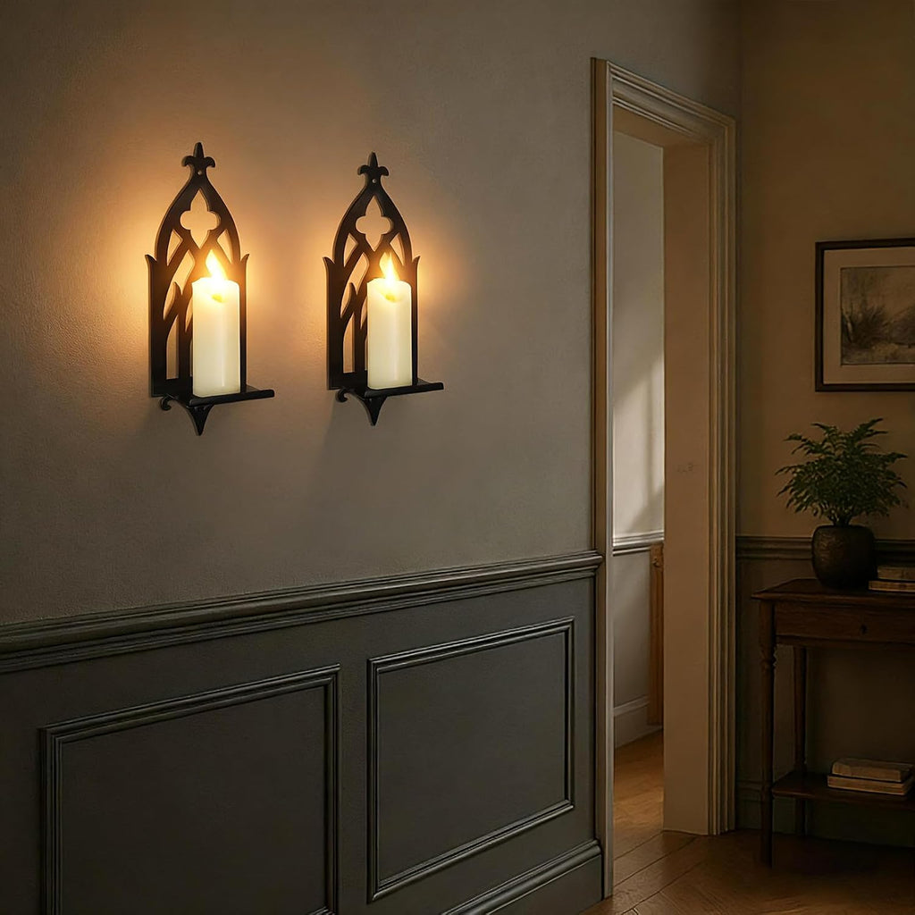 Wall Candle Sconces Set of 2, Victorian Gothic Metal Candle Holders for Pillar, Tealight, and LED Candles, Decorative Wall Decor for Living Room Dining Room (Black)
