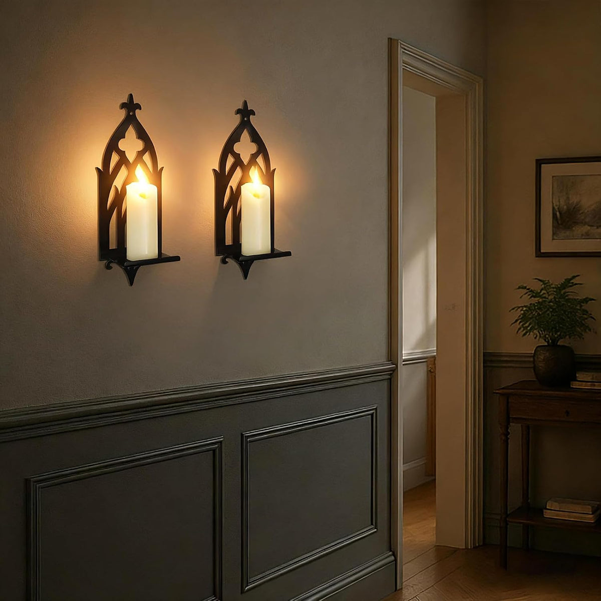 Wall Candle Sconces Set of 2, Victorian Gothic Metal Candle Holders for Pillar, Tealight, and LED Candles, Decorative Wall Decor for Living Room Dining Room (Black)